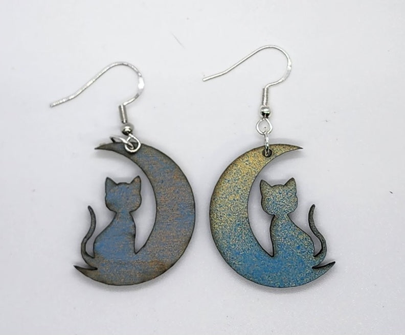 Medium Cat in the Moon - Wood Earrings