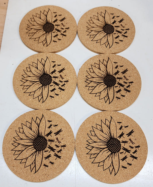 Sunflower & Dragonfly - Cork Coasters