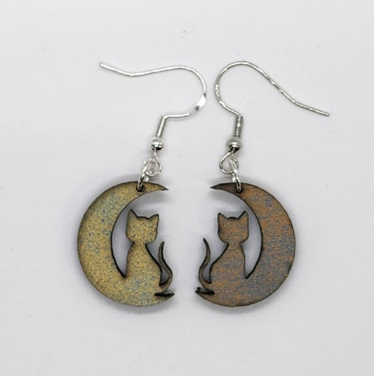 Small Cat in the Moon - Wood Earrings